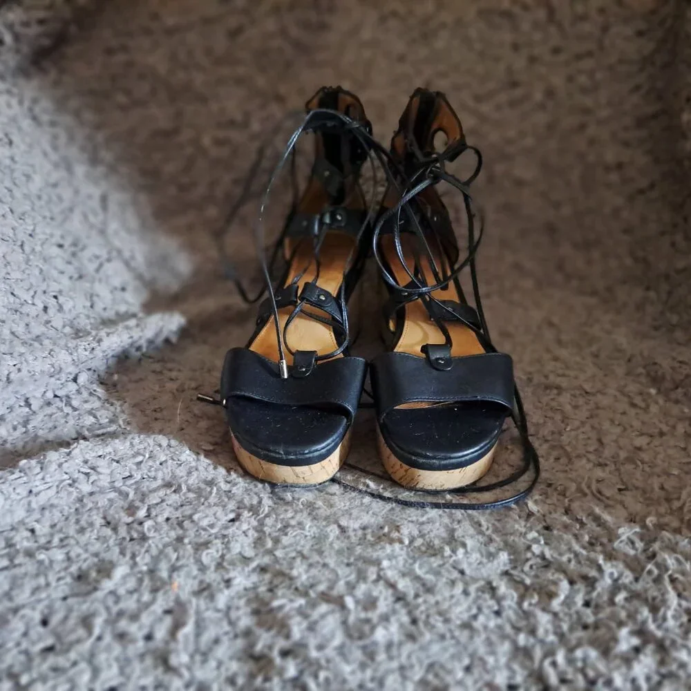 COACH-Barkley-Black Semi Matte Calf Leather Sandals-Lace Up/Back Zip-Sz 8-EX